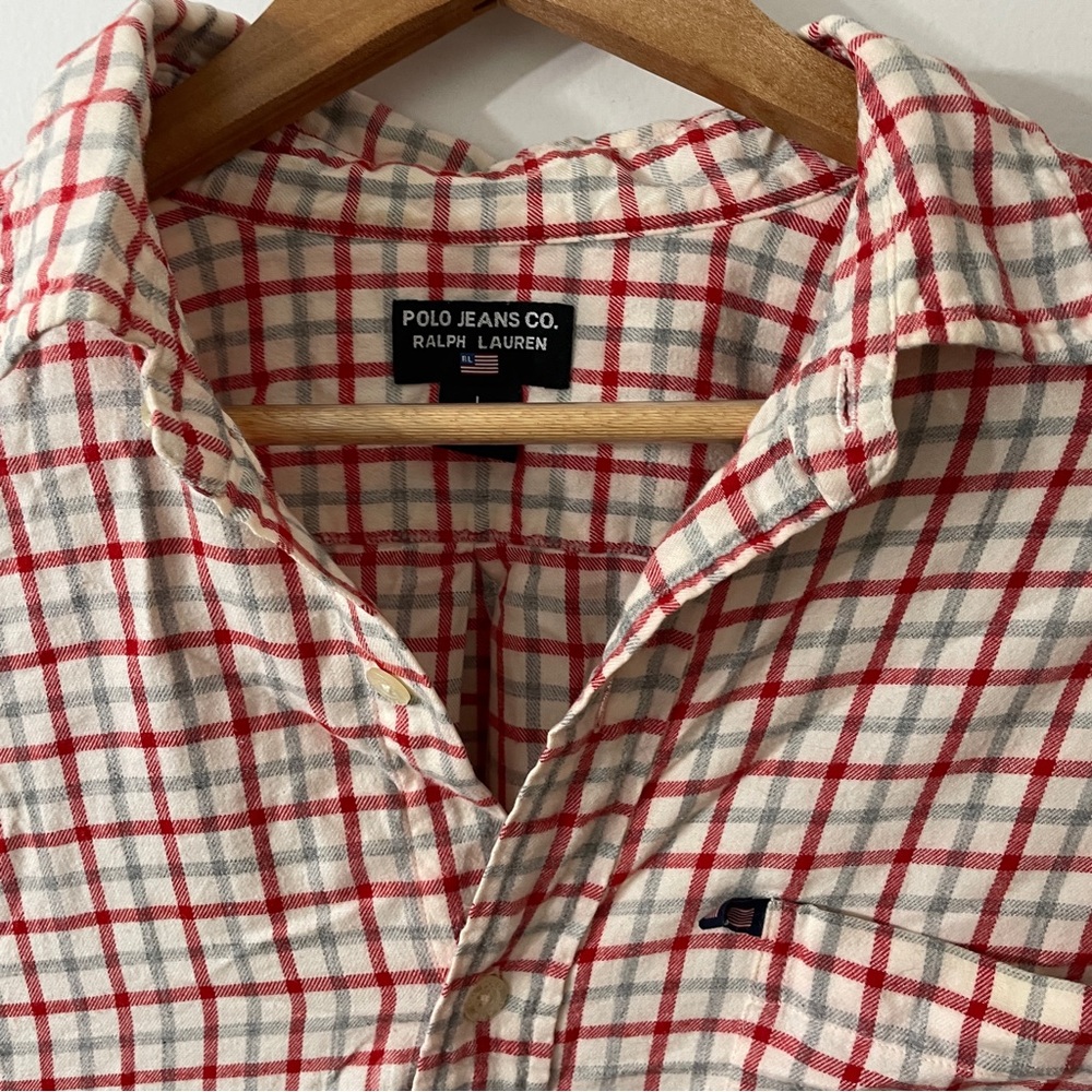 Vintage Ralph Lauren Polo Jeans Co. Men's Red and White Checkered Shirt - Picture 3 of 5